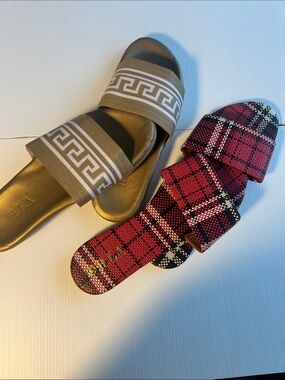 Two-Pair Slide Sandals — Olive Khaki Geo & Red Plaid